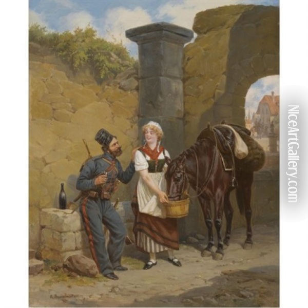A Cossack And A Townsgirl Oil Painting - Alexander Bogdanovich Villevalde