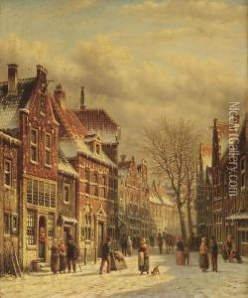 Townspeople On A Snow-covered Street Oil Painting - Johannes Franciscus Spohler