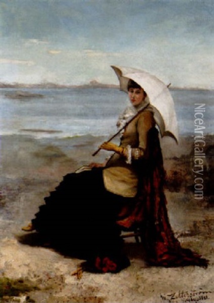 Kvinna Med Rott Parasoll, Jersey Oil Painting - Wilhelmina (Mimmi Katarina) Zetterstroem