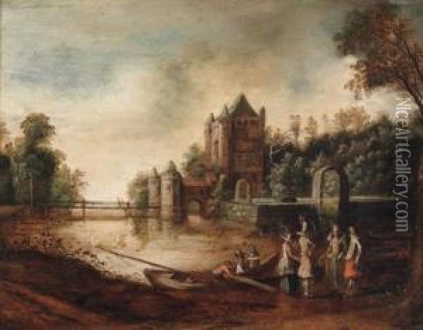 Umkreis Kavaliere Und Damen Im Gesprach Vor Den Toren Haarlems Oil Painting - Esaias Van De Velde