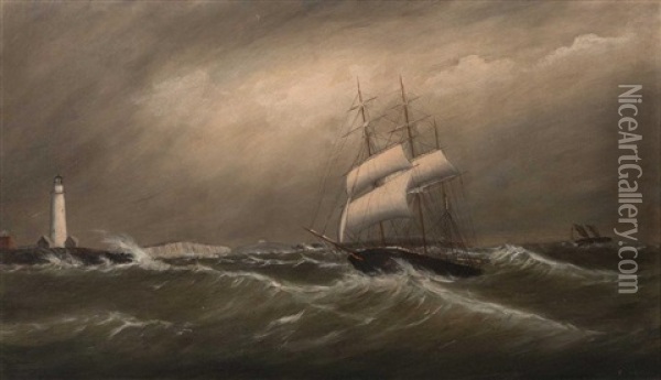 Ship In A Gale Off Boston Light Oil Painting - Clement Drew