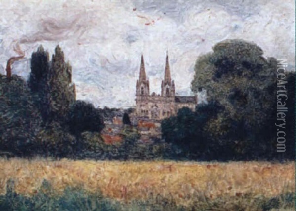 Champ De Ble Et Cathedrale Oil Painting - Ferdinand du Puigaudeau