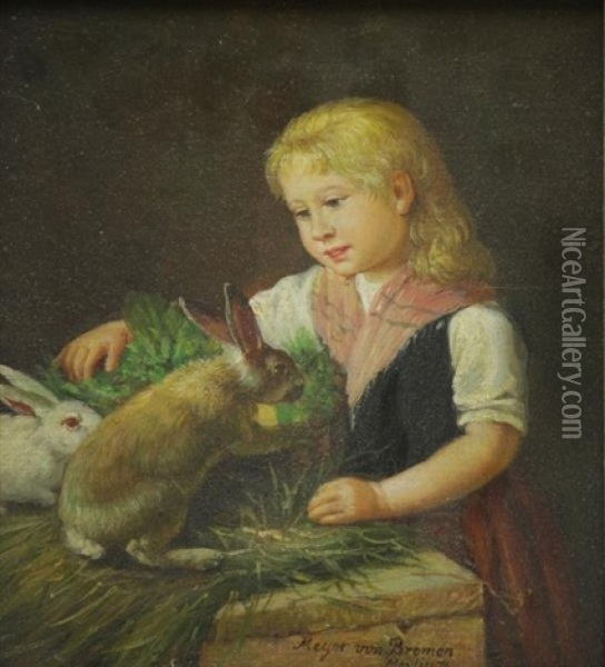 Young Girl With Rabbits Oil Painting - Johann Georg Meyer von Bremen