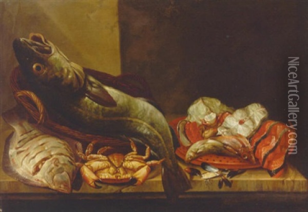 Still Life Of Plaice, A Cod, Crab, Mussels, A Gurnard And Fish Steaks On A Ledge Oil Painting - Isaac Van Duynen