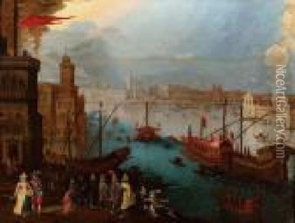 Veduta Fantastica Del Bacino Di 
San Marco A Venezia Con Il Bucintoro E Fuochi Artificiali Oil Painting - Louis de Caullery