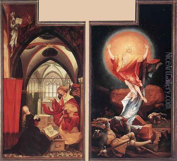 Annunciation and Resurrection c. 1515 Oil Painting - Matthias Grunewald (Mathis Gothardt)