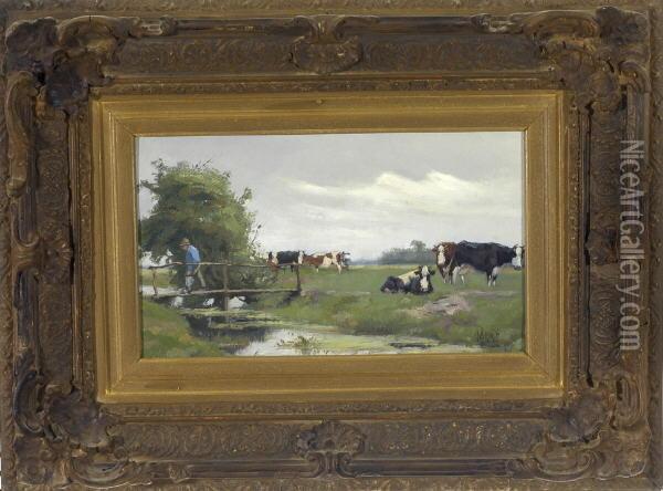 Weite, Sommerliche Weidelandschaft Mit Einigen Kuhen, Links Ein Bauer Auf Einem Holzsteg Oil Painting - Arthur Briet