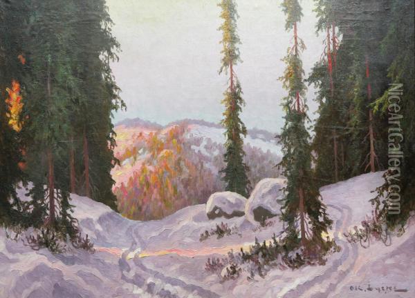 Vid Skidsparet - Vinterscen Oil Painting - Oscar Lycke