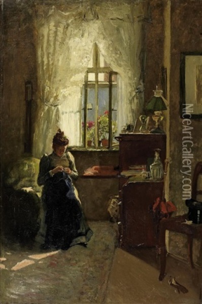 Nahende Junge Frau Am Fenster Oil Painting - Max (Ritter) von Esterle