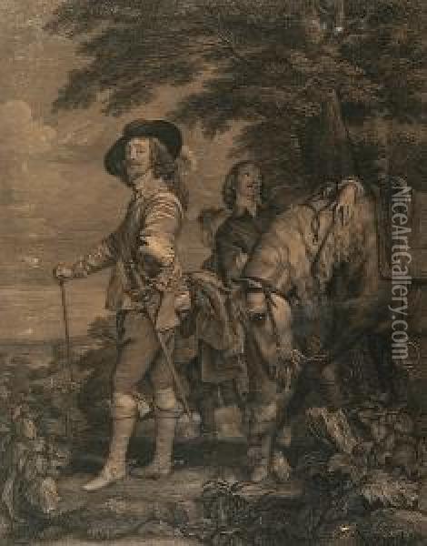 Charles I Standing With His Groom And Horse In A Landscape Oil Painting - Robert Strange