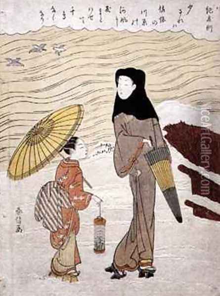 Lady and Maid Walking by a River Oil Painting - Suzuki Harunobu