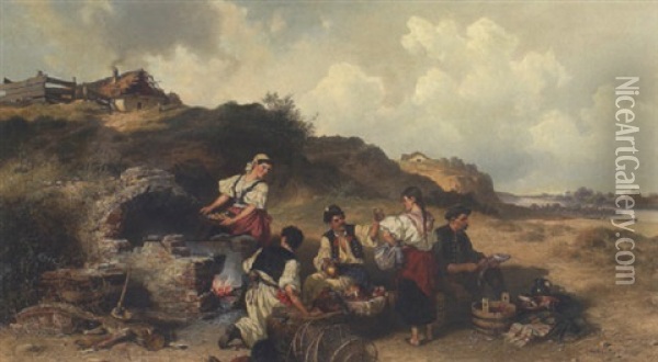 Fischerfamilie Bei Der Mittagsmahlzeit Am Flussufer Oil Painting - Pal (Paul) Boehm