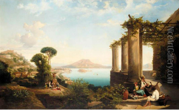 The Castle Of Ischia, In The Bay Of Naples, Mount Vesuvius Beyond Oil Painting - Thomas Brabazon Aylmer