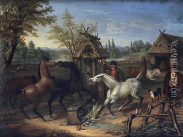 Streit Auf Der Pferdekoppel Oil Painting - August von Rentzell