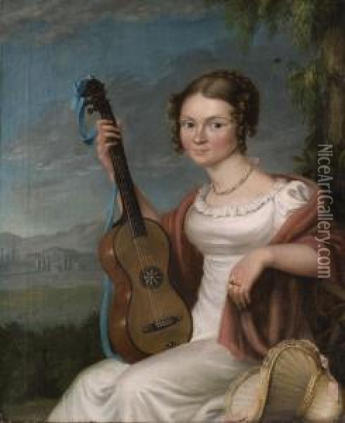 Junge Frau In Weissem Kleid Mit Gitarre Oil Painting - Franz Krutger