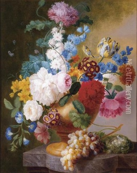 Still Life Of Tulips, Roses, Peonies, Narcissus And Other Flowers In An Urn Oil Painting - Pieter Faes