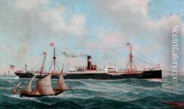 The Merchant Steamer, Wartburg Oil Painting - John Henry Mohrmann