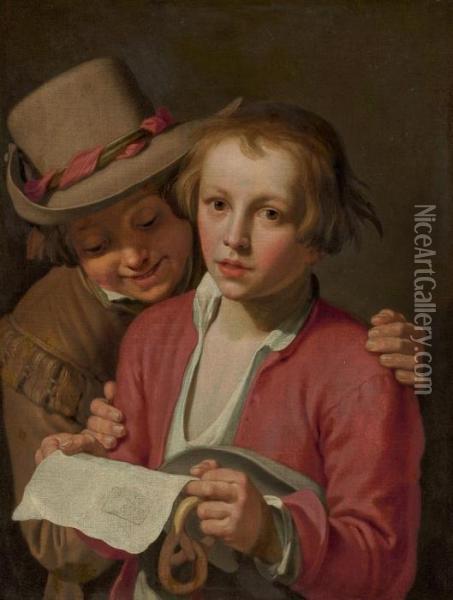 Two Boys Singing From A Sheet Of Paper Oil Painting - Abraham Bloemaert