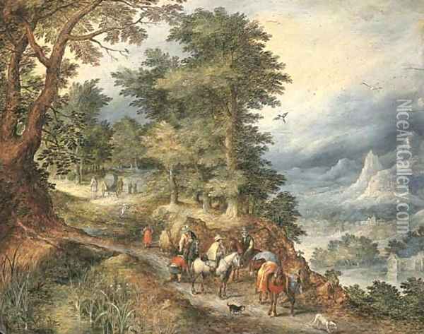 A mountainous landscape with travellers on a path Oil Painting - Jan The Elder Brueghel