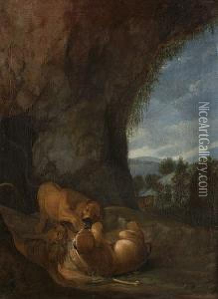 Lions Fighting In The Mouth Of A Cave, A Cheetah Looking On Oil Painting - Johann Melchior Roos