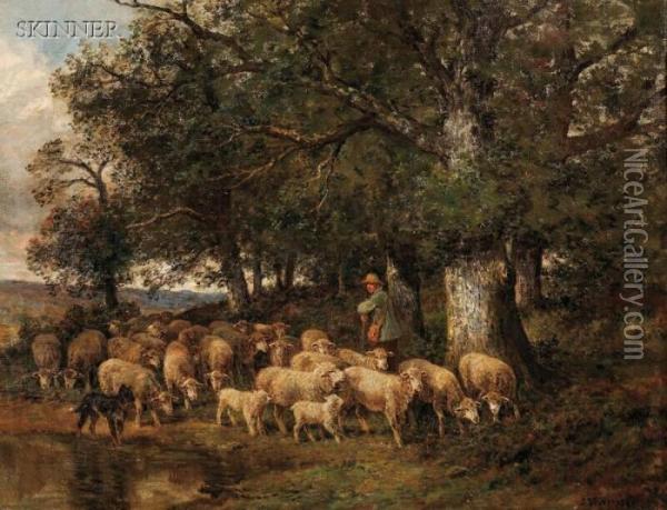 A Shepherd And His Flock Beneath Oak Trees Oil Painting - James Desvarreux-Larpenteur
