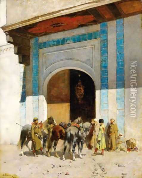 In Front Of The Mosque Oil Painting - Alberto Pasini
