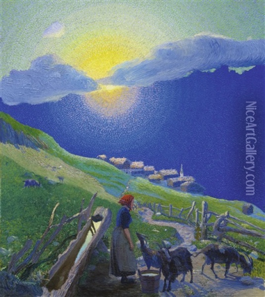 Hirtin Mit Ziegen Auf Der Alp Bei Sonnenuntergang Oil Painting - Waldemar Theophil Fink