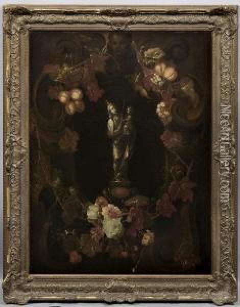 Groses Stillleben Mitmadonnenfigur In Einem Blumen- Und Fruchtekranz Oil Painting - Gaspar-pieter The Younger Verbruggen