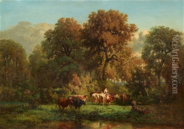 Wooded Landscape With A Herd Of Cattle Oil Painting - Constant Troyon