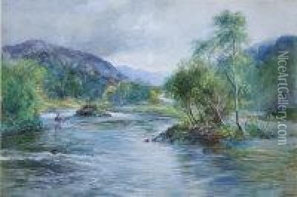 Highland Salmon River Landscape With Fishermen Oil Painting - John MacWhirter