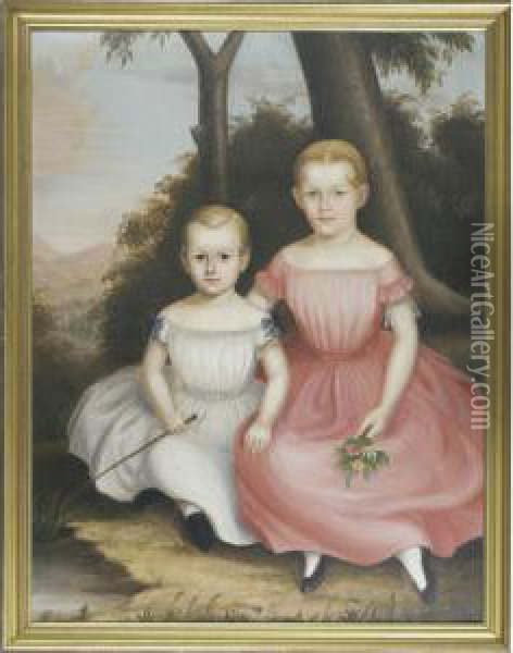Double Portrait Of A Young Boy With Whip And His Sister With Bouquet Of Flowers Oil Painting - Joseph Whiting Stock