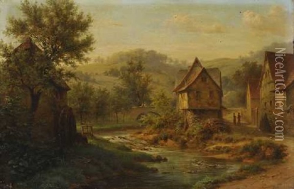Partie In Einem Dorf An Einem Kleinen Fluss Oil Painting - Johann Adolf Hoeffler