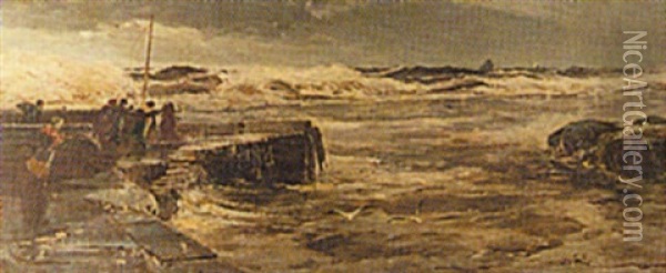 View Of Rough Seas From The Pier Oil Painting - Edwin John Ellis