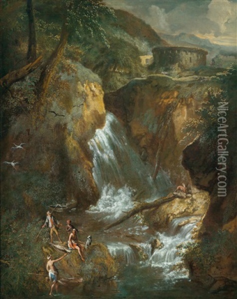 Felsschlucht Mit Einem Wasserfall Und Fischern Oil Painting - Anton Faistenberger