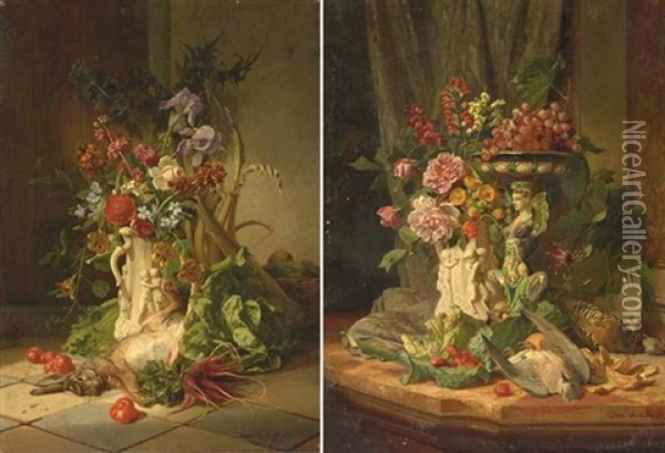 Fleurs, Fruits Et Oiseaux Sur Un Entablement (+ Fleurs, Legumes Et Lievre Sur Un Sol Dalle; 2 Works) Oil Painting - David Emile Joseph de Noter