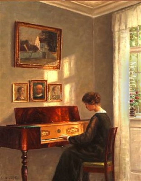 Interior With A Woman Playing The Piano Oil Painting - Hans Hilsoe