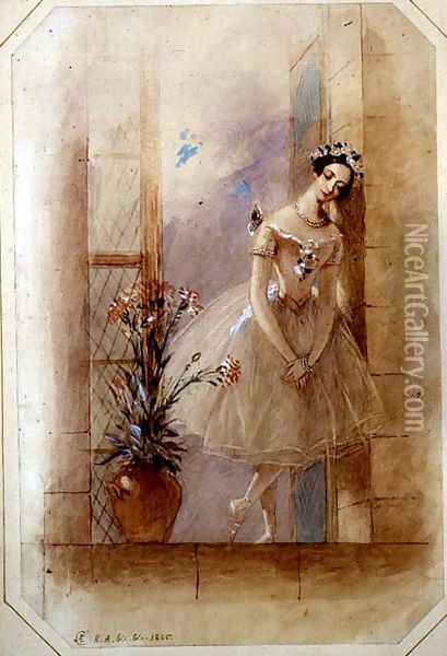 Standing on the window ledge, La Sylphide mourns James's betrothal to his childhood sweetheart, Marie Taglioni (1804-1884) in Act I of a performance of 'La Sylphide, Souvenir D'Adieu', 1845 Oil Painting - Alfred-Edward Chalon