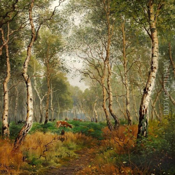 Cows Grazing In A Forest Oil Painting - Peder Mork Monsted
