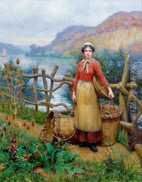Junge Frau Mit Korben Am Flussufer. Oil Painting - Jean A. Langrand