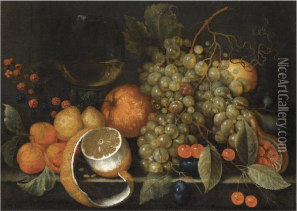 A Still Life With Grapes, Oranges, Berries, A Roemer Of Wine Andpartly Peeled Lemon On A Stone Ledge Oil Painting - Cornelis De Bryer