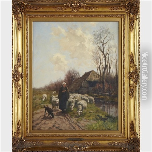 Shepherdess Leading Sheep Oil Painting - Johannes Karel Leurs