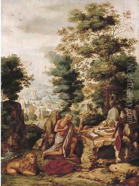 The Penitent Saint Jerome in an extensive landscape Oil Painting - Flemish School