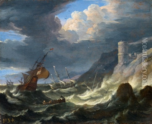 Ships In A Storm Oil Painting - Pieter Mulier the Younger