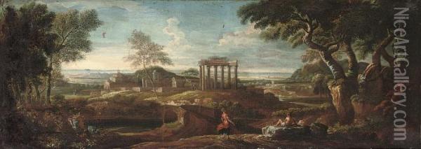 An Extensive Italianate Landscape With Figures Conversing By A Track Oil Painting - Jan Frans Van Bloemen (Orizzonte)