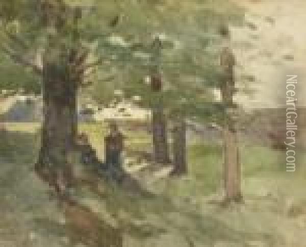 Two Girls Under Trees Oil Painting - Nathaniel Hone
