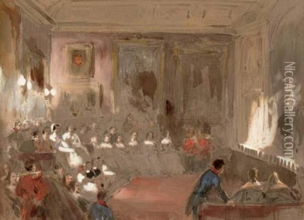 A Theatrical Performance In The Rubens Room, Windsor Castle Oil Painting - Louis Haghe