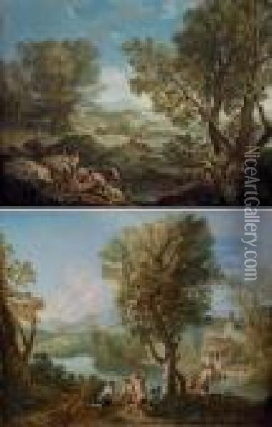 An Italianate Wooded Landscape 
With Shepherds; And An Italianate River Landscape With Fishermen On A 
Bank Oil Painting - Andrea Locatelli