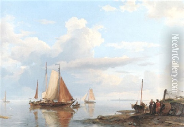 Figures Coming Ashore In A Calm Oil Painting - Hermanus Koekkoek the Elder