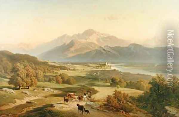 Drover on Horseback with his Cattle in a Mountainous Landscape with Schloss Anif, Salzburg beyond 1870 Oil Painting - Josef Mayburger