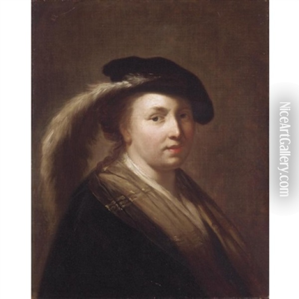 Portrait Of A Young Girl, Head And Shoulders, Wearing A Feathered Cap Oil Painting -  Rembrandt van Rijn